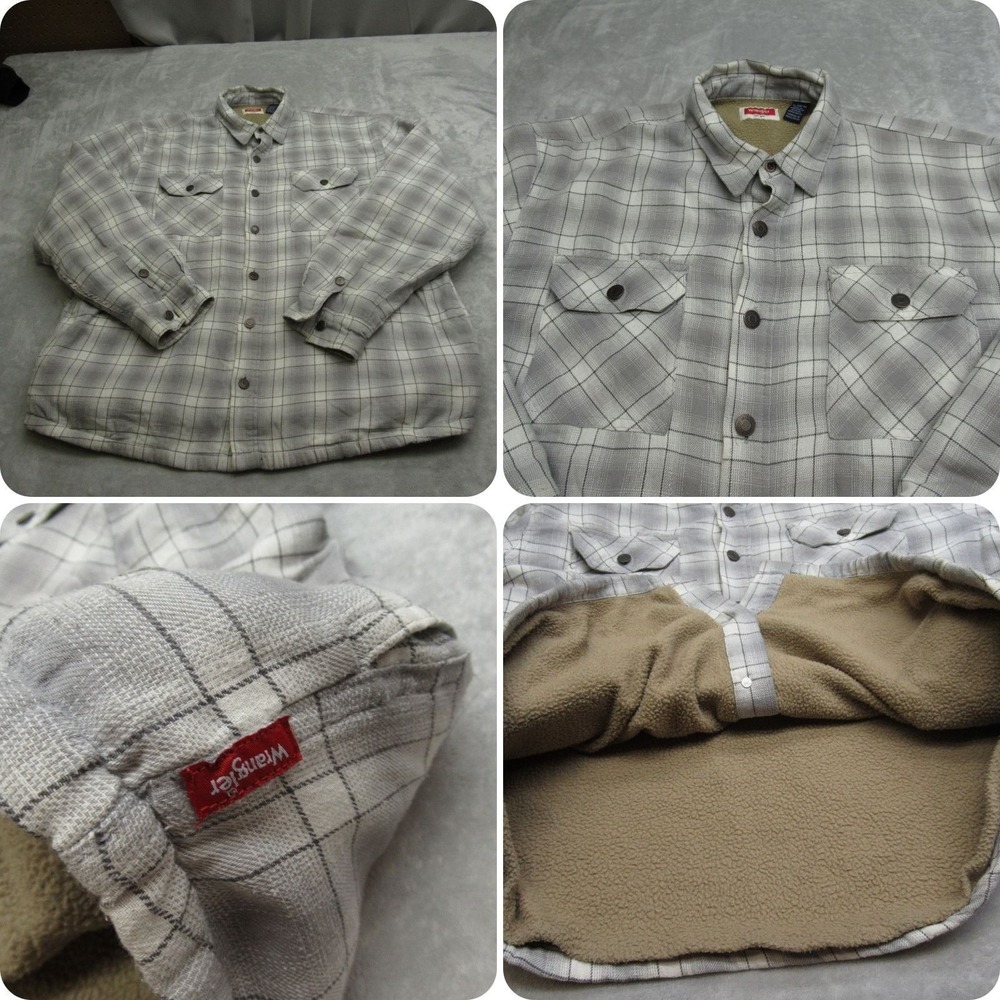 Wrangler Shirt Jacket Men XL Gray Plaid Flannel Pockets Sherpa Lined Button Up